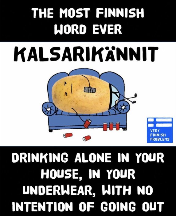 Illustration på potatis i underkläder som dricker själv, beskriver finskt ord "kalsarikännit" för mysigt ensamdrickande hemma.