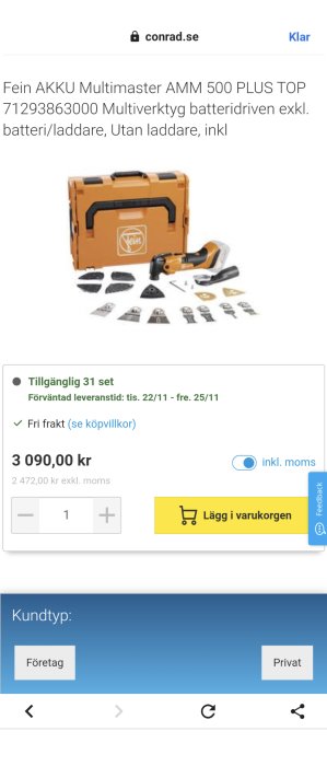 Batteridrivet multiverktyg med tillbehör, utan laddare, i förvaringslåda. Webbshopbild, pris och inköpsalternativ visas.