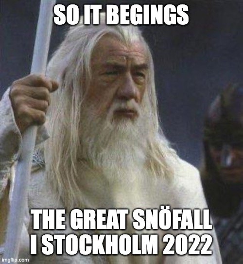 Meme med Gandalf från "Sagan om Ringen", humor om snöfall i Stockholm 2022.