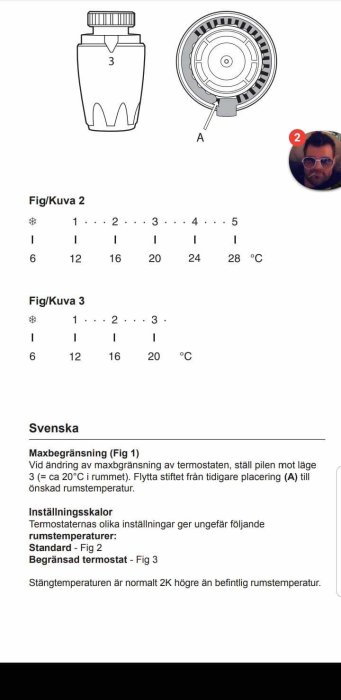 Termostat instruktioner, skalaer och justering, svensk text, teknisk illustration, kontrollinställningar.