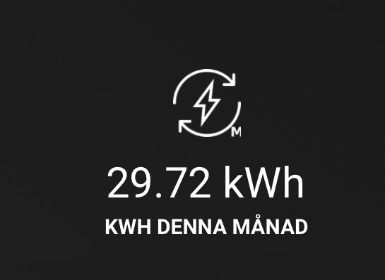 Svart bakgrund, elektricitetsikon, 29.72 kWh användning denna månad, vit text.