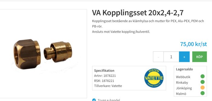 Mässingskopplingar för rörinstallation, produktinformation, prisangivelse, lagerstatus i webbutik och butiker.