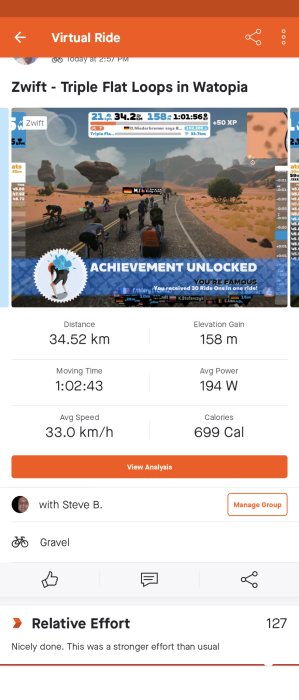 Skärmdump från träningsapp, visar avklarad virtuell cykelrunda i Zwift, prestationer och statistik.