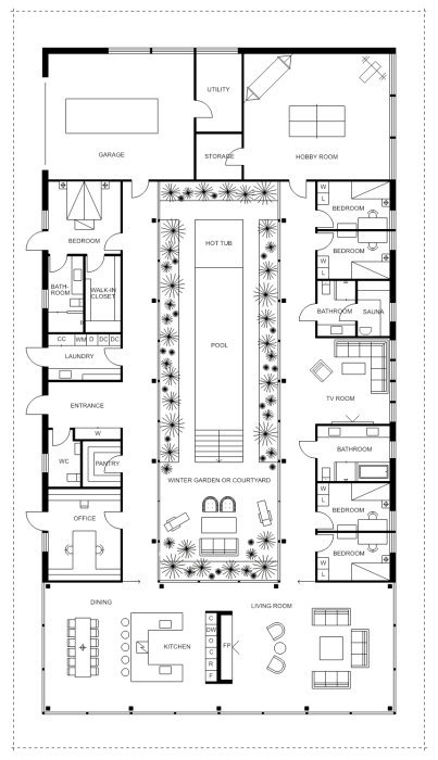 Svartvit ritning av enplanshus med flera sovrum, badrum, pool, garage och trädgård.