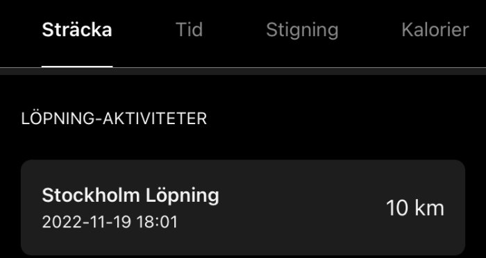 Skärmdump av löparapp med aktivitet "Stockholm Löpning", 10 km distans, datum och tid noterade.