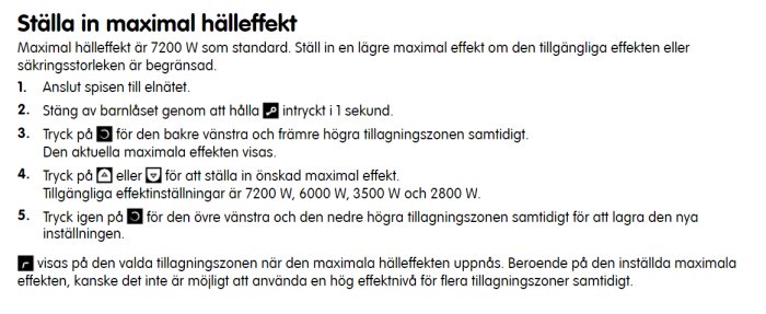 Instruktioner för att ställa in maximal effekt på en spis på svenska.