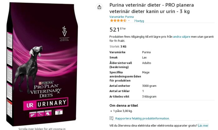 Förpackning av Purina Pro Plan veterinärfoder för hundars urinvägar, 3 kg.