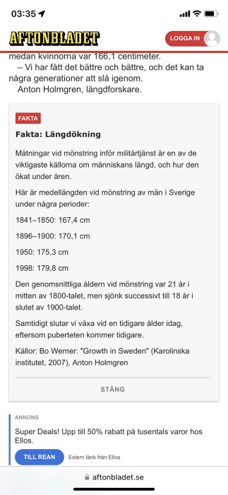 Artikel om längdtillväxt i Sverige, historiska mätningar, citations från forskare, grafik med genomsnittslängder.