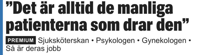 Svartvit text: citat om manliga patienter, yrkesrubriker (sjuksköterska, psykolog, gynekolog), "PREMIUM", jobbbeskrivning.