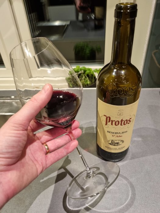 Person håller ett vinglas, vinflaska "Protos Reserva 2016" syns, reflektion i fönstret, köksmiljö.