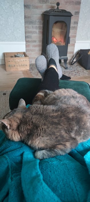 Person med mysiga tofflor vilar benen, katt sover i knät, framför öppen brasa, hemtrevligt rum.