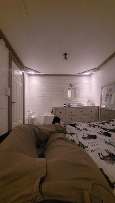 Mysigt sovrum, vit panel, ljusslinga, hund på sängen, person i förgrunden, lantlig inredning, avkopplande atmosfär.
