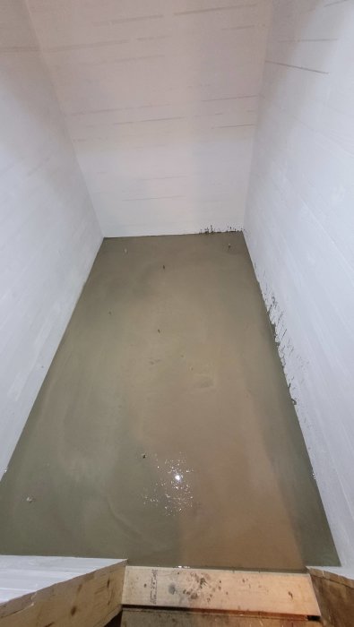Trätrappa leder ned till en översvämmad källarlokal med vita väggar och grått vatten.