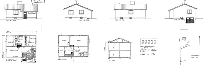 Arkitektritningar av ett hus; fasader, planlösningar, snitt och detaljer av byggnadskonstruktion.