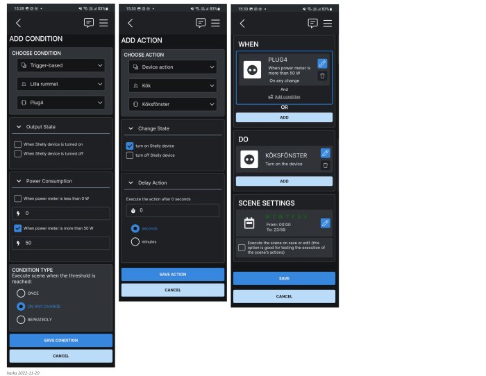 Skärmdumpar av en smart hem-app för att skapa automatiserade scenarion baserat på villkor och åtgärder.