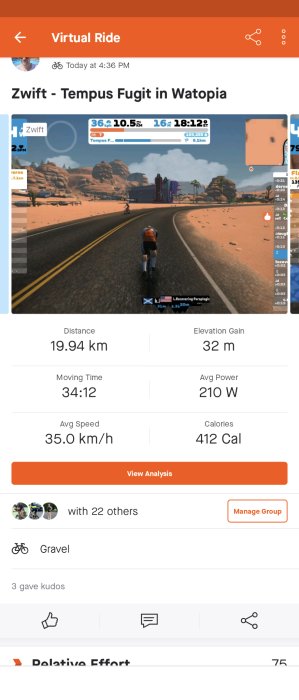 Skärmdump av en virtuell cykeltur på Zwift, 19.94 km, 34:12 rörelsetid, 35.0 km/h genomsnittshastighet.