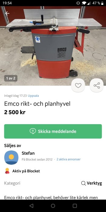 Emco rikt- och planhyvel till salu, behöver underhåll, 2 500 SEK, i Uppsala, annons på Blocket.