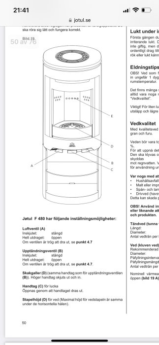 Teknisk illustration av en kamin (Jotul F 480) med instruktioner och inställningsmöjligheter på svenska.