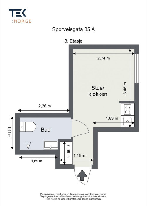 Planritning av en tredje våningen lägenhet med vardagsrum/kök och badrum, inkluderar måttangivelser.