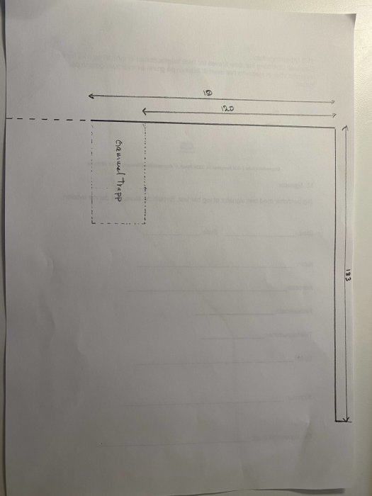 Tom plansch med text och markeringar, troligen arkitektonisk ritning eller skiss, på vitt papper.