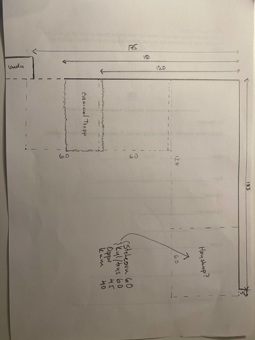 Skiss av en layout med mått och handskrivna anteckningar, möjligtvis för en trädgård eller byggprojekt.