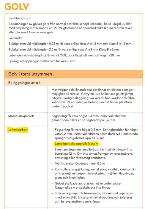 Textdokument om inspektionsrutiner och kvalitetskrav för olika typer av trägolv i byggnadsprojekt.