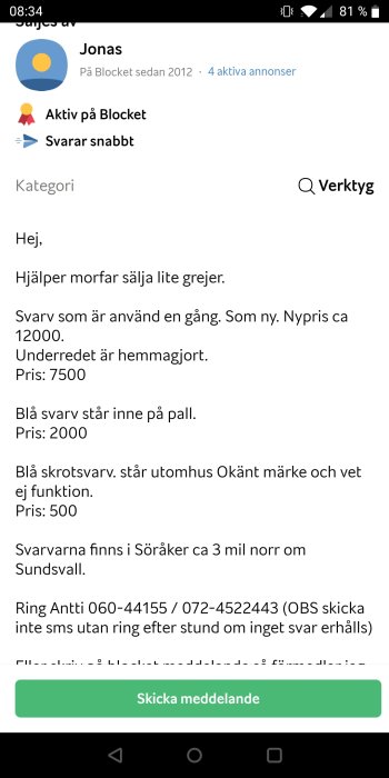 Skärmdump från Blocket med annonser om försäljning av verktyg.