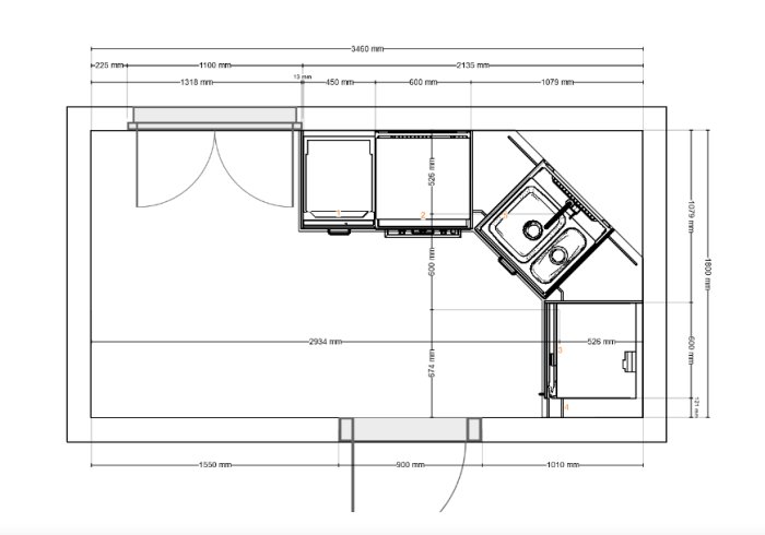 Arkitektonisk ritning av kökslayout med mått och inredningsdetaljer.