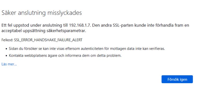 Webbläsarfönster med SSL-anslutningsfelmeddelande, säkerhetsvarning, IP-adress, och "Försök igen"-knapp.