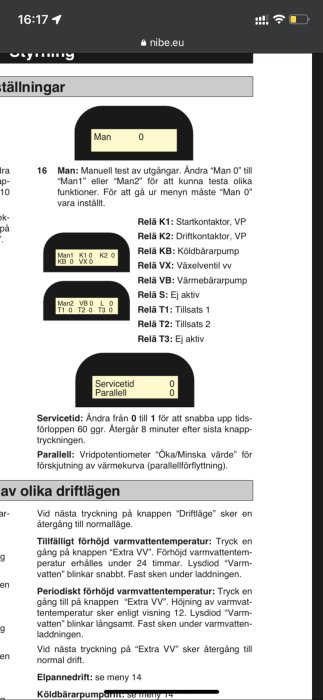 Skärmavbild av teknisk manual för uppvärmningssystem med instruktioner och beskrivningar av driftlägen på svenska.