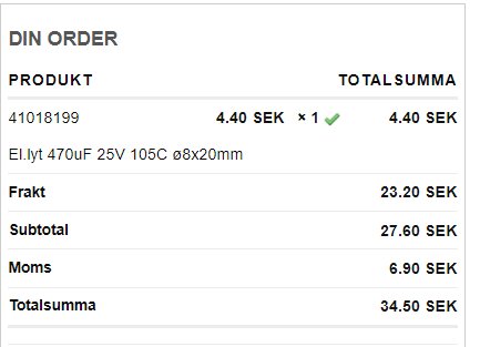 Skärmdump av en orderbekräftelse med en produkt, fraktkostnad, moms och totalt pris i SEK.