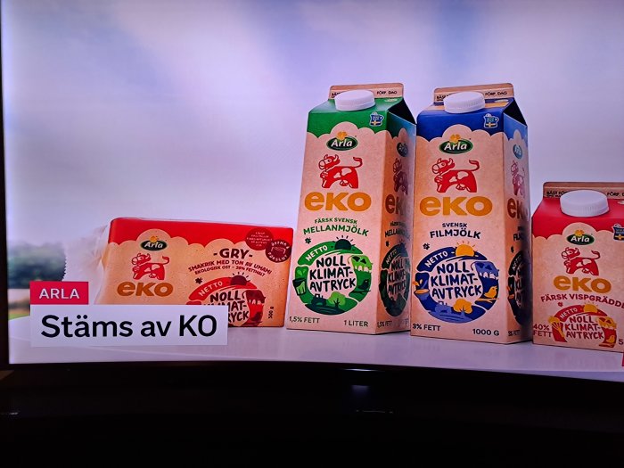 Ekologiska mejeriprodukter från Arla, mjölkförpackningar och smör, med betoning på klimatvänliga val.