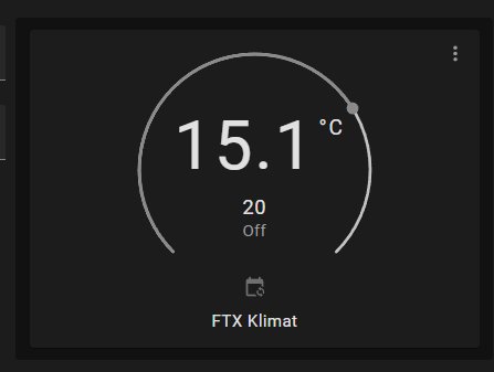 Digital termostatvisning, 15.1 grader Celsius, svart bakgrund, 'FTX Klimat', off-läge, temperaturkontroll gränssnitt.