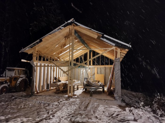 Ett pågående byggprojekt av en träkonstruktion nattetid med fallande snö och en träskotraktor i bakgrunden.