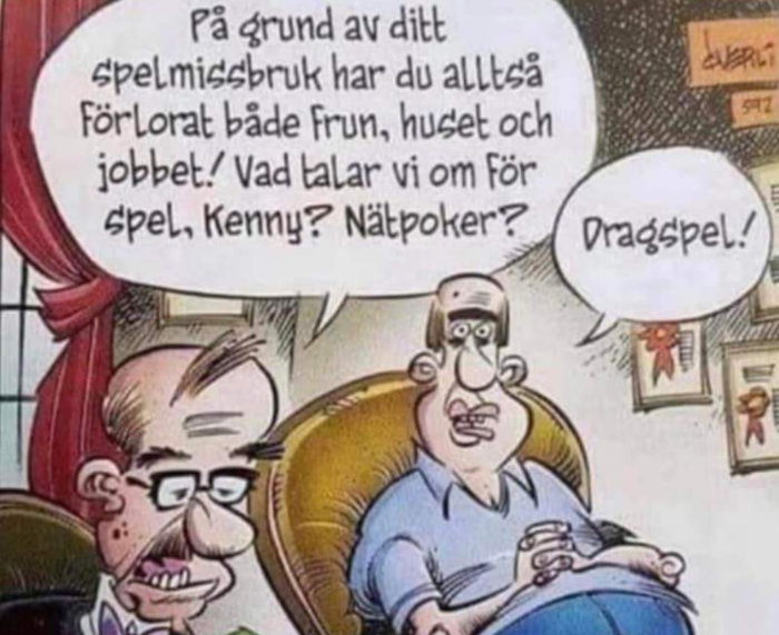 Seriefigurer diskuterar spelmissbruk, ordlekar, missförstånd, komisk dialog.