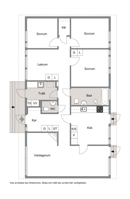 Ritning av en lägenhet med sovrum, vardagsrum, kök, bad, tvättrum och lekrum.