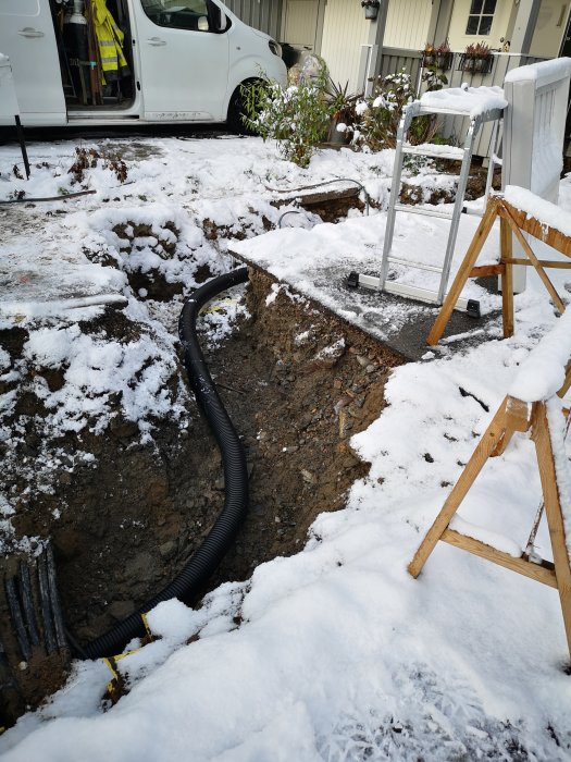 Grävd grop med kablar, rör, snö, stege, och vit skåpbil i bakgrunden.