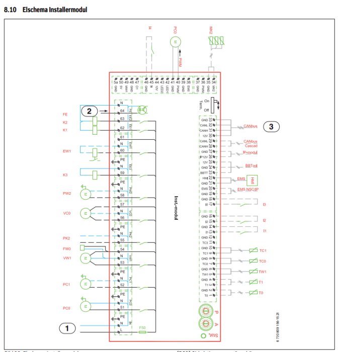 Elritning, installationsmodul, elektriska symboler, anslutningar, numrerade komponenter, teknisk dokumentation.