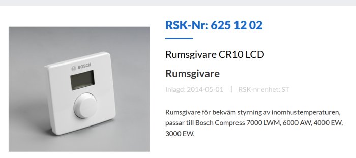 Bosch rumsgivare, vit, LCD-display, knapp, temperaturreglering, stilren design, grå bakgrund.