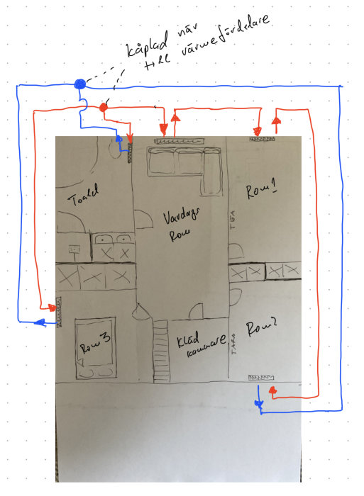 Handritad skiss av layout med möbler, text och pilar som visar rörelsevägar.