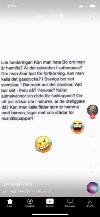 Skärmdump av en social media-app med humoristisk text och emoji.