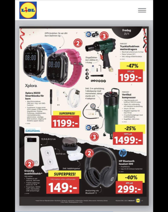 Reklamblad med erbjudanden på barnklockor, verktyg, hörlurar och mobilbatterier från Lidl.