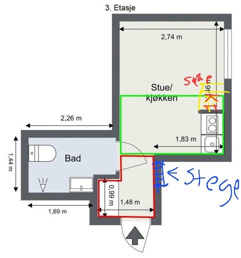 Planritning av en lägenhet med markeringar och text på norsk; innehåller bad, stue/kjøkken och måttangivelser.