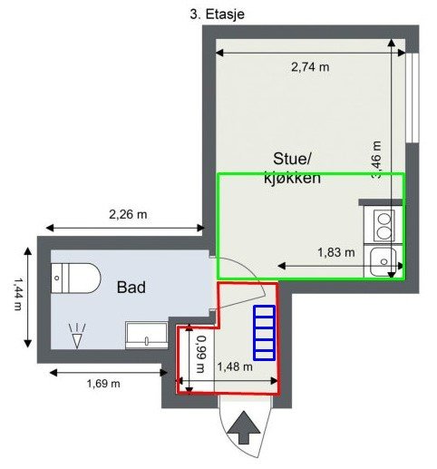 Arkitektonisk ritning av en lägenhetsplan med mått, inklusive vardagsrum/kök, badrum, och trapphus, markerat i färg.