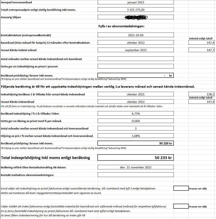 Svensk dokumentmall för prisjustering med kalkyler, datum och ekonomiska uppgifter.