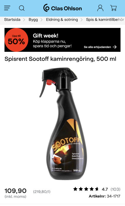 Produktsida för Sootoff kaminrengöring, sprayflaska, 500 ml, 109,90 kronor, 4.7 stjärnor betyg.