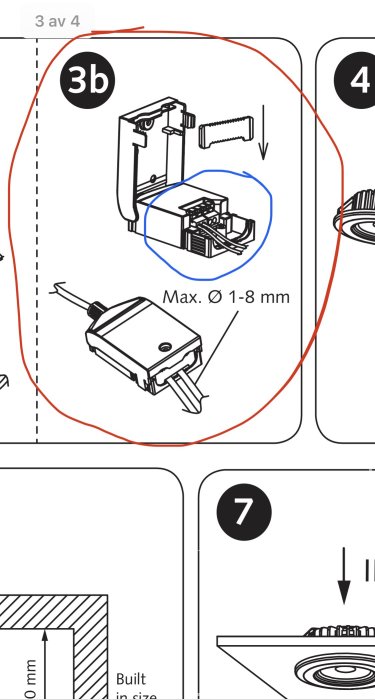Illustration av monteringsanvisning, komponenter, skruv, max diameter 1-8 mm markering, teknisk ritning.