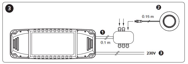 Schematisk illustration, elektrisk anordning, installationsschema, måttangivelser, kopplingsdetaljer, symboler för strömförsörjning.