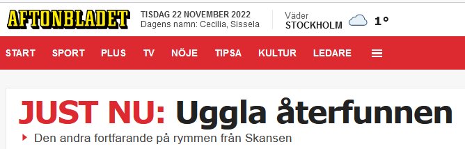 Aftonbladet webbsida, nyhetsrubrik om återfunnen uggla, en annan saknas fortfarande. Datum och väder för Stockholm visas.