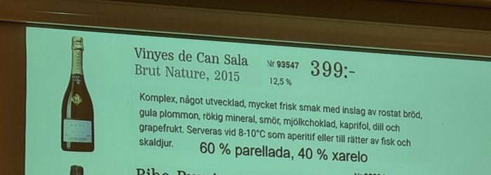 Presentation av vin, "Vinyes de Can Sala Brut Nature 2015", smakbeskrivning, serveringstips, pris och alkoholhalt.